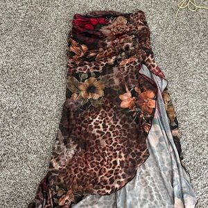 Windsor Floral & Leopard Print Ruched Maxi Skirt in Brown and Rust